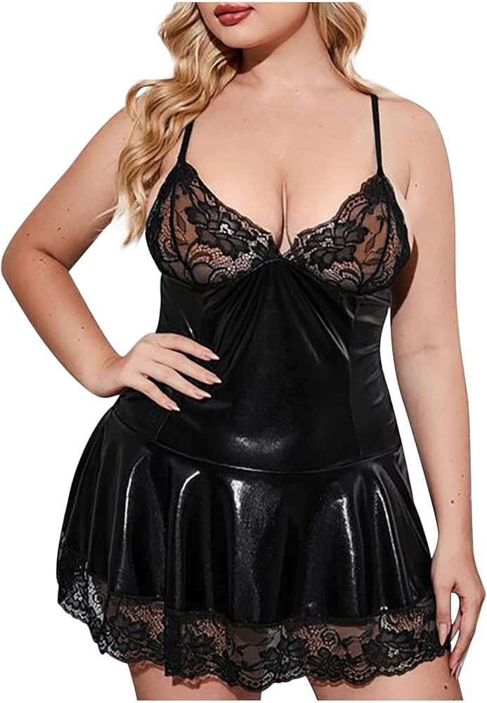 Women's Sexy Plus Size Lingerie Leather Lace Patchwork Babydoll Chemise Sleepwear Latex Dress Clubwear