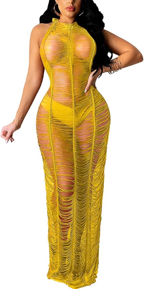 Women's Sexy Mesh Fringe Maxi Dress Halter Backless Bikini Swimsuit Summer Crochet Swim Cover Up