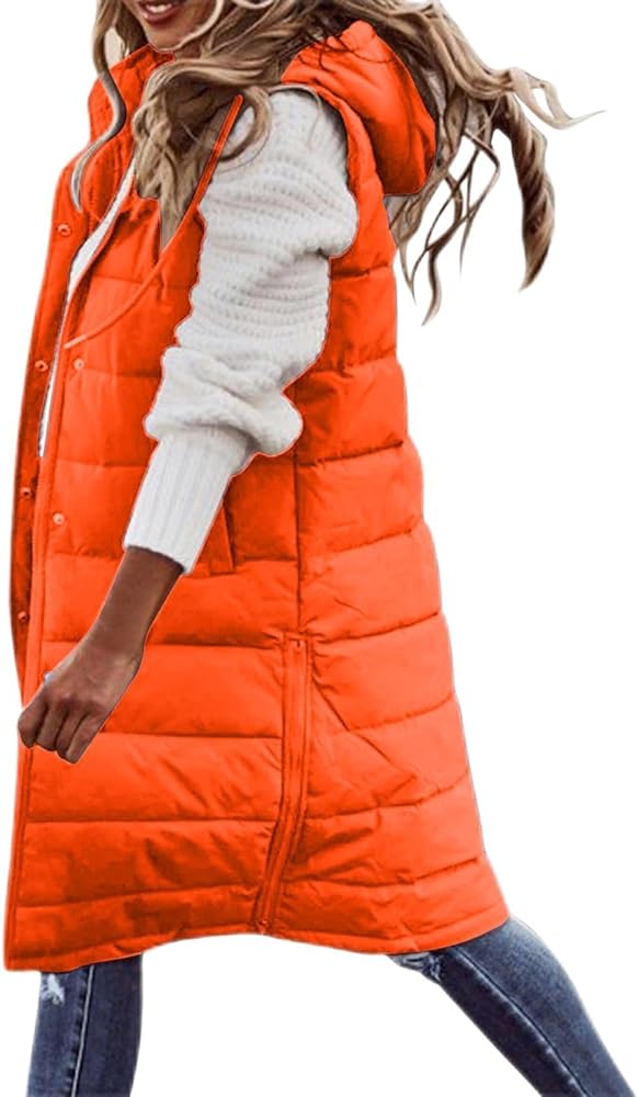 Women's Long Puffer Vest Jacket Sleeveless Hoodies Full Zipper & Snap Closure Down Coats Thicken Warm Windbreakers