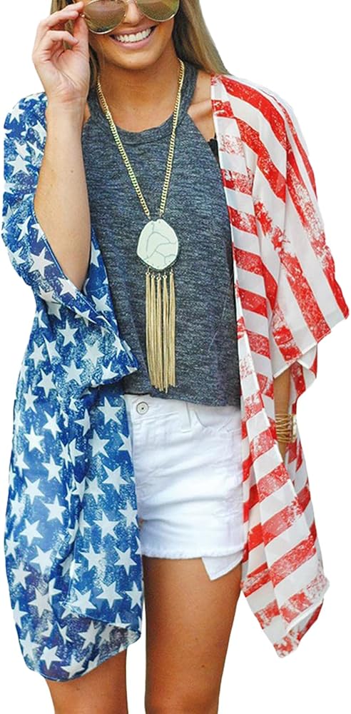 Women's 4th of July Summer American Flag Kimono Cardigan Swimsuit Cover Ups Patriotic Tops Red White and Blue Shirts