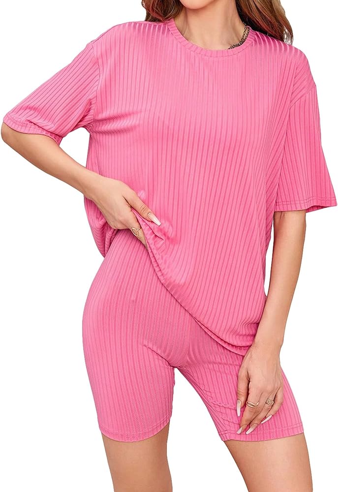 WDIRARA Women's 2 Piece Outfits Ribbed Short Sleeve Drop Shoulder Tee and Shorts Set Tracksuits Hot Pink Solid XS