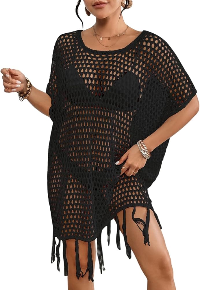 Bsubseach Crochet Beach Cover Ups for Women Sexy Batwing Sleeve Swimsuit Cover Up for Swimwear Fringed Hem Beach Dresses