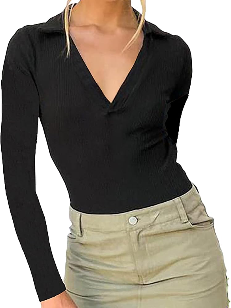 Women Polo V Neck Long Sleeve Bodysuit Top Sexy Basic Bodysuit Collared Leotard