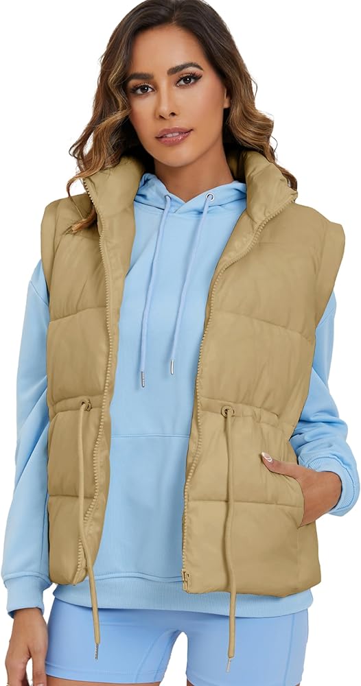 Womens Puffer Vest Lightweight Sleeveless Zip Up Adjustable Waist Coat Padded Gilet Jacket with Pockets