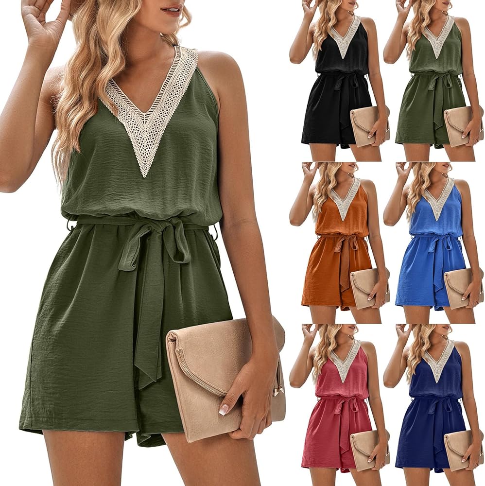 Rompers For Women 2024 V Neck Sleeveless Casual Waist Tie Short Summer Fashion Cute Jumpsuit With Pocket