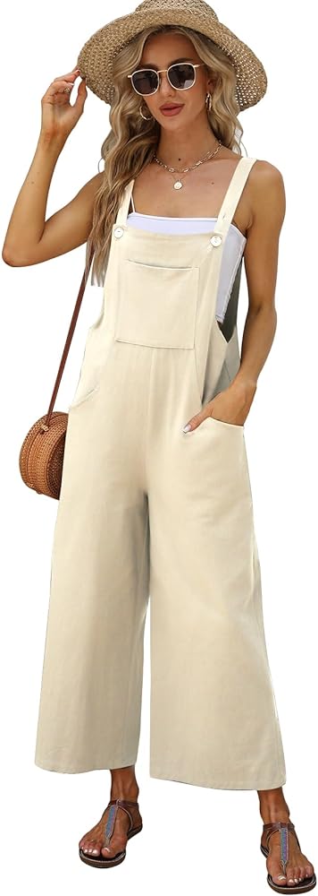 Gihuo Women's Baggy Loose Wide Leg Jumpsuits Cotton Linen Bib Overalls Sleeveless Button Jumpsuit with Pockets