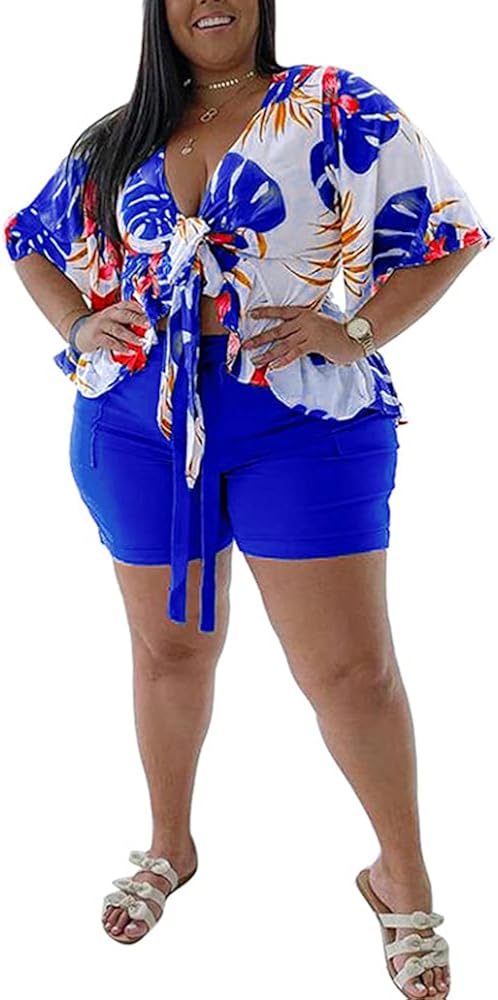 Plus Size Two Piece Outfits for Women Summer Tropical Print Short Sleeve Ruffle Blouse Top Shorts Cover UP Casual Set