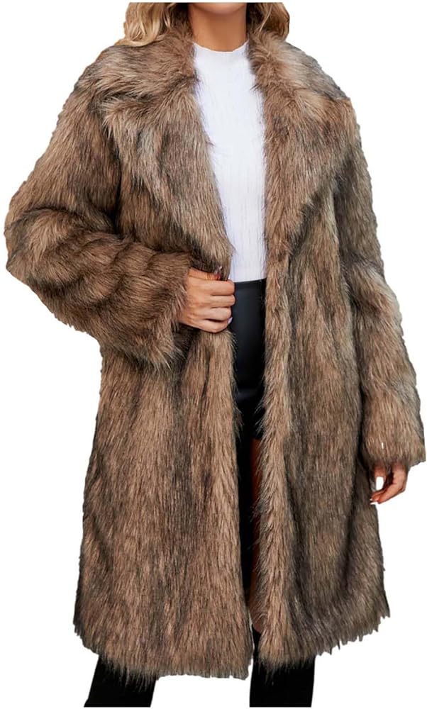 Womens Fluffy Faux Fur Jacket Winter Shaggy Warm Coat Oversize Fuzzy Long Outerwear Casual Solid Color Overcoat