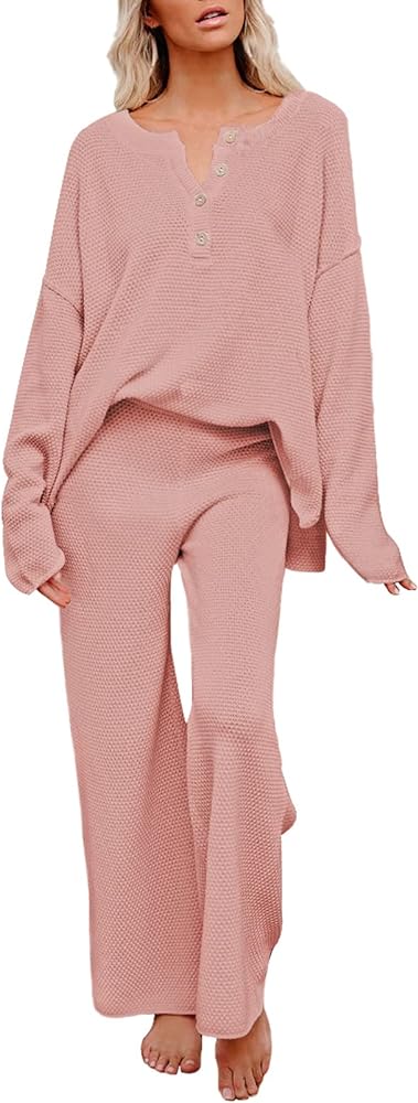 Pink Queen Women's 2 Piece Knit Sweatsuit Oversized Loose Pullover Sweater Top and Wide Leg Pants Outfit Set Pink M