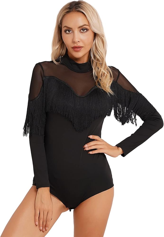 YEAHDOR Womens Sheer Mesh Fringe Bodysuit Top Mock Neck Long Sleeve Leotard Jumpsuit Latin Dancewear