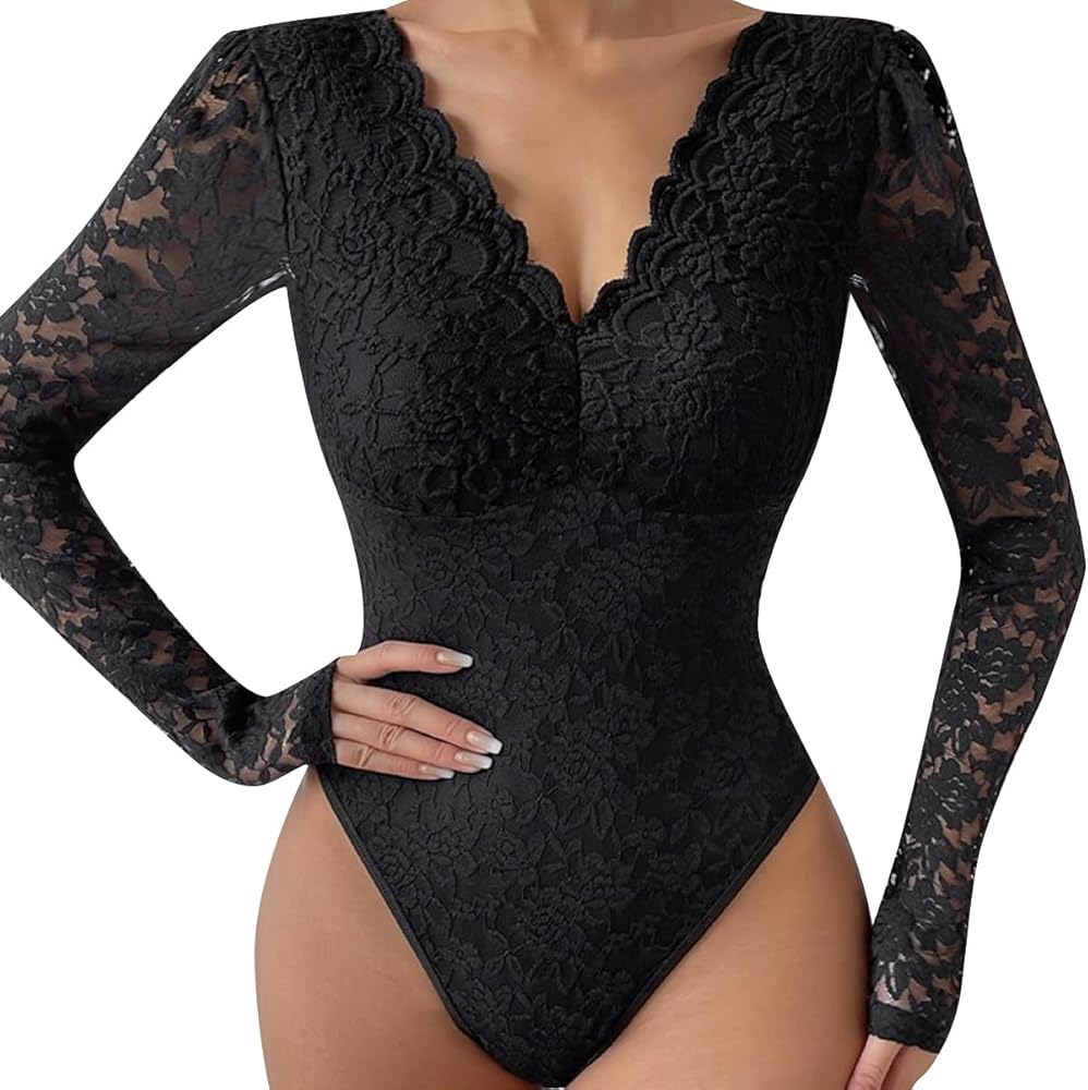 ABAFIP Women's Sheer Long Sleeve Floral Lace Bodysuit Blouse Top V-Neck Backless Going out Leotard Tops