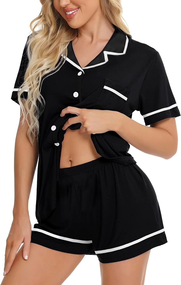 Ekouaer Women's Pajamas Sleepwear Shirt and Short Button-Down Pj Set Two Piece Sets Black XX-Large