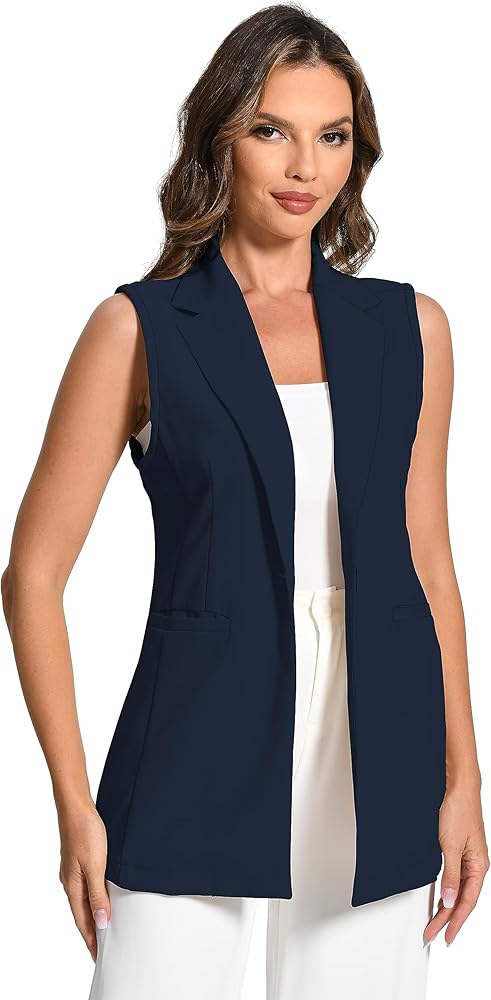 Foucome Women's Sleeveless Long Vest Lapel Office Suit Vests Casual Cardigan Trench Jacket