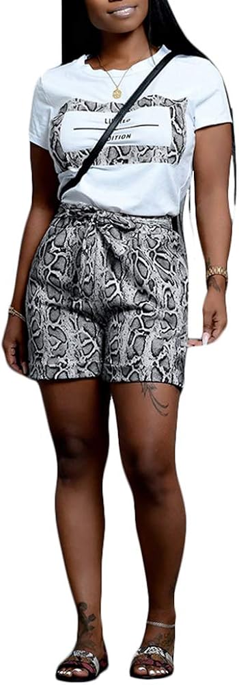 Ophestin Womens Casual 2 Piece Outfits Letter Print Snake T Shirt Shorts Set