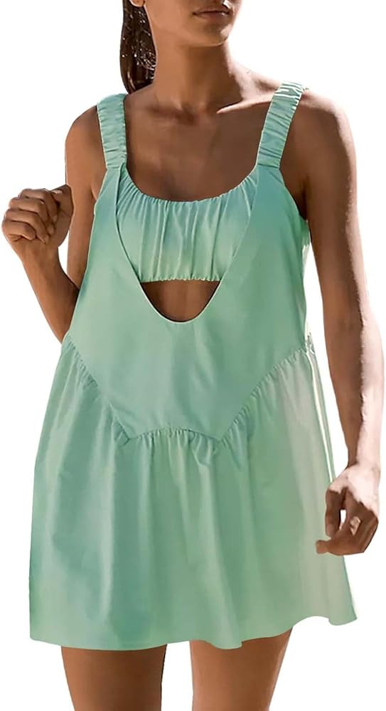 Workout Set Womens Tennis Dress Built In Bra And Shorts Pockets Cut Out Workout Outfits Athletic Spring Outfit