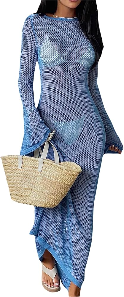 Women Crochet Cover Up Maxi Dress Sexy Long Sleeve Knit Hollow Out Long Dress Swimsuit Beach Cover Up Dress