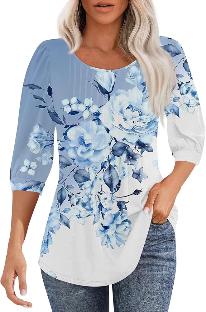 Women Puff 3/4 Sleeve Tops Summer Fall Round Neck Pleated T-Shirts Trendy Boho Flower Printed Going Out Blouses