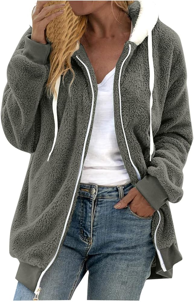 Womens 2023 Winter Fuzzy Fleece Jacket Artificial Wool Zipper Drawstring Solid Oversized Fuzzy Fleece Fluffy Fall