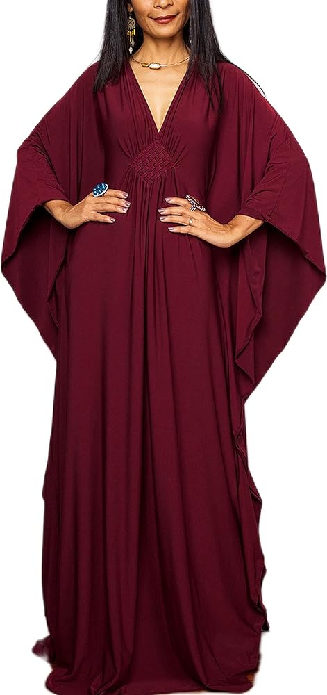 RanRui Caftans for Women Solid Color chiffon Plus size kaftan dresses Beach Cover Up V Neck Batwing Sleeve caftans loungewear