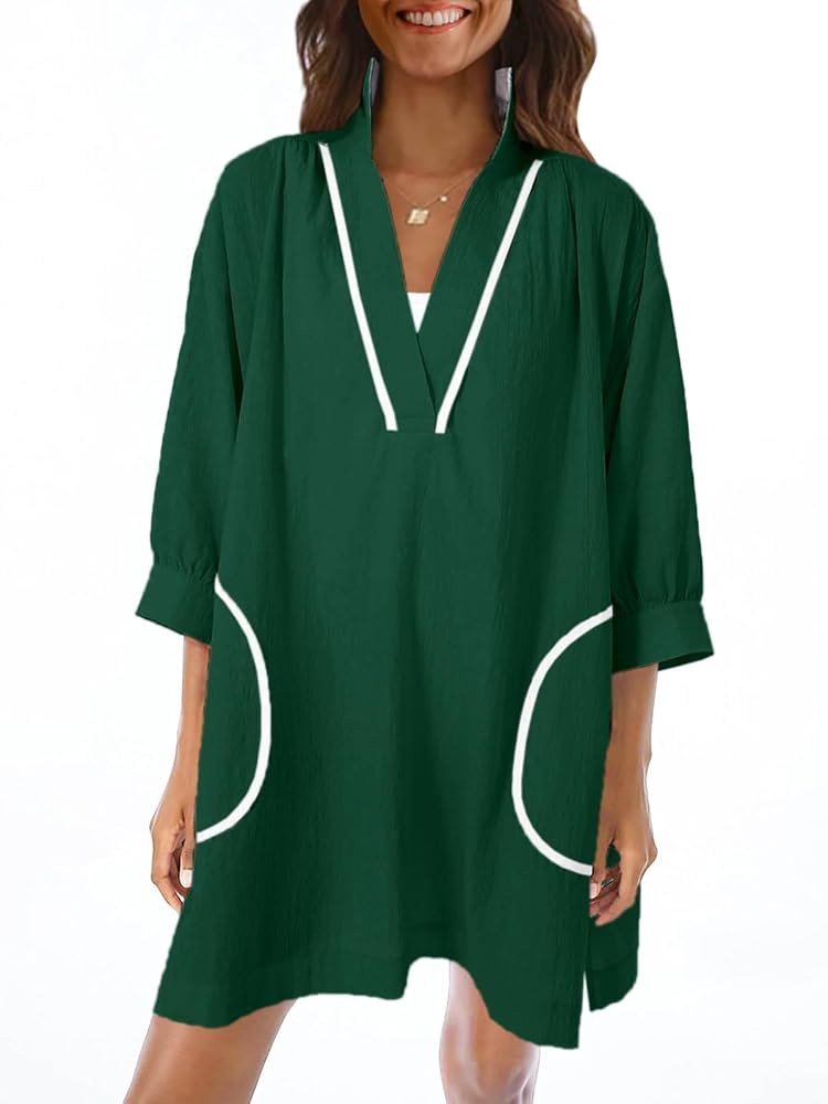 Saodimallsu Womens V Neck Swimsuit Coverup 3/4 Sleeve Color Block Oversized Cover ups Beach Mini Dress with Pockets, Large, Green