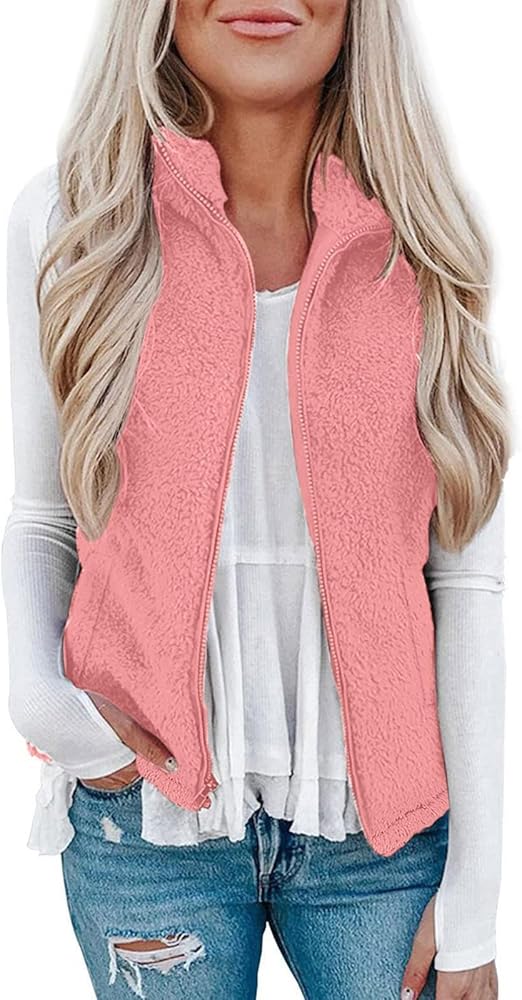 Fuzzy Sherpa Fleece Vest Jacket for Women Lightweight Cozy Sleeveless Cardigan Zipper Waistcoat Outerwear with Pocket