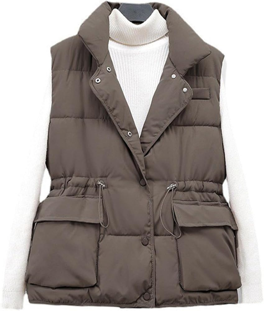 Girls Puffer Vest,Stand Collar Quilted Vest,Women's Elegant Tie Waist Vest Coat,Thicken Button Down Jackets Pockets