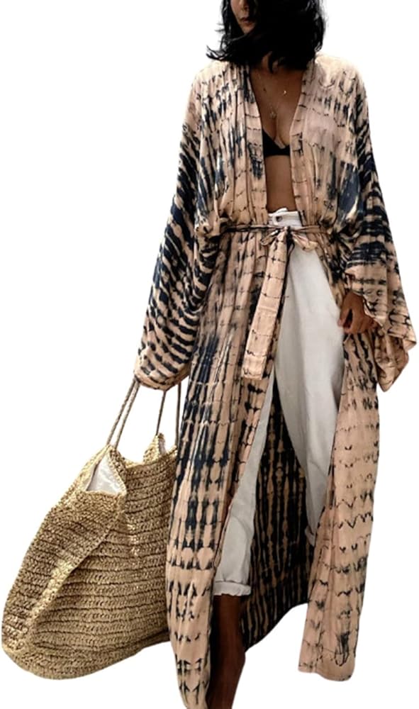 Women's Open Front Tie Dye Long Kimono Cover Ups with Belt Summer Loose Long Kimono Robe Swimsuits