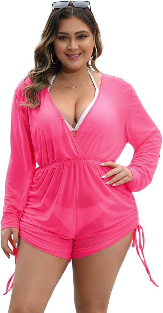 Women's Plus Size Swimsuit Mesh Cover Up Romper Deep V Neck Long Sleeve Coverup Romper One Piece