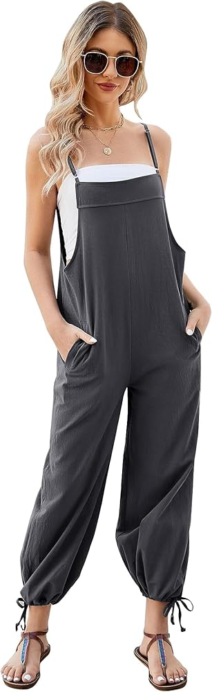 Women Casual Overalls Sleeveless Loose Cotton Linen Jumpsuits Summer Wide Leg Pants With Pockets(Grey-XL)