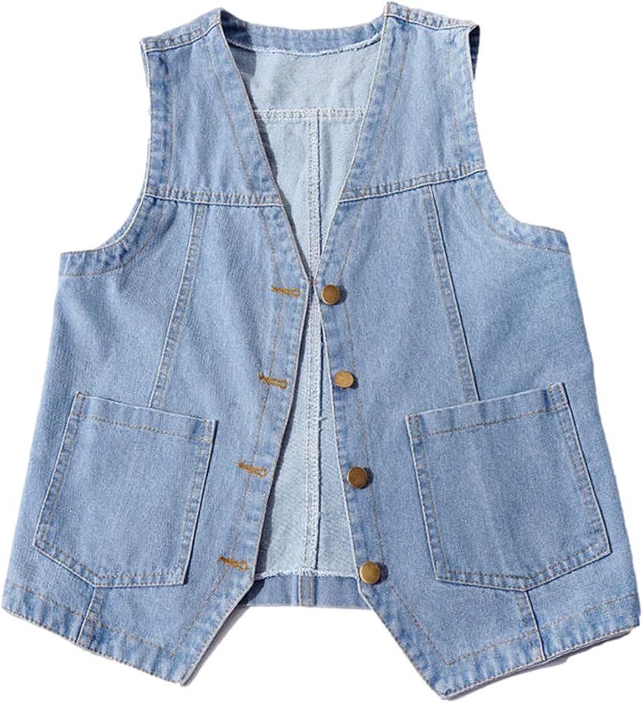 Peaceglad Womens Casual Jean Vest V Neck Open Front Button Down Sleeveless Denim Jacket with Pockets