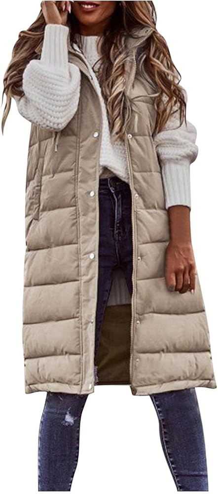 Knee Length Down Vest for Women Warm Fall Winter Gilet Single Breasted Zipper Lightweight Puffer Jackets with Hood