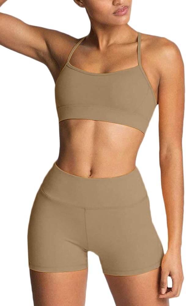 AFAVOM Workout Sets for Women 2 Piece Yoga Outfits High Waist Seamless Leggings Shorts Sports Bra Set Gym Athletic Tracksuits