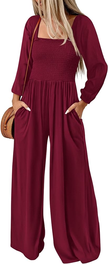 KIRUNDO Women's 2024 Fall Long Sleeve Jumpsuits Casual Dressy One Piece Loose Smocked Wide Leg Pants Romper With Pockets