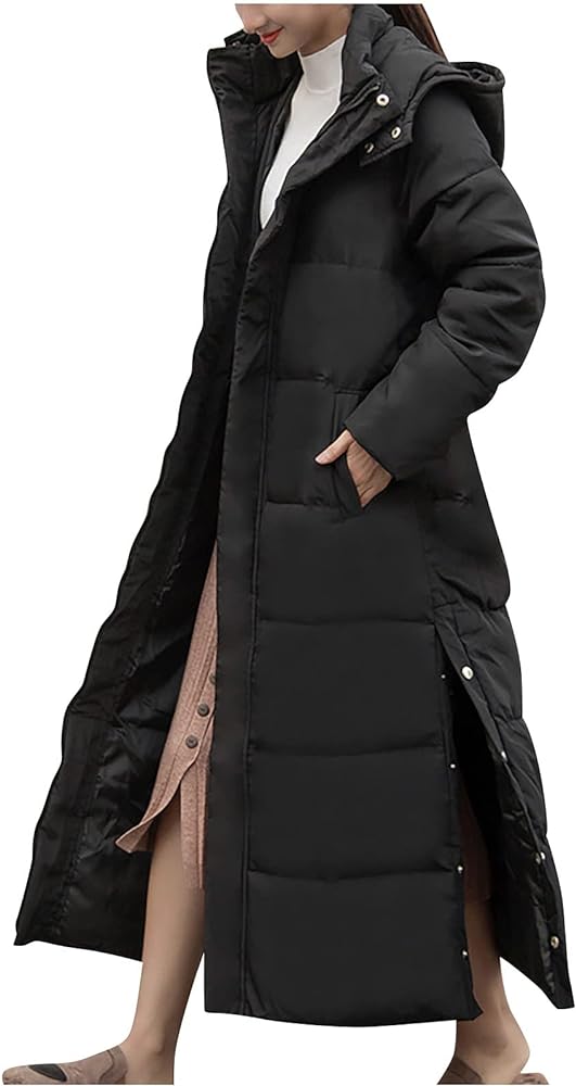 SMIDOW Women's Long Quilted Coat Fashion Ladies Maxi Length Winter Thickened Hooded Puffer Jacket Side Slit Button Outwear