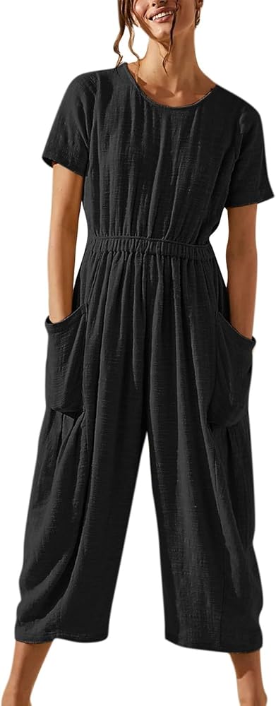 Short Sleeve Linen Jumpsuits for Women Casual Cropped Wide Leg Jumpsuit Pleated Smocked Waist Capri Summer Rompers