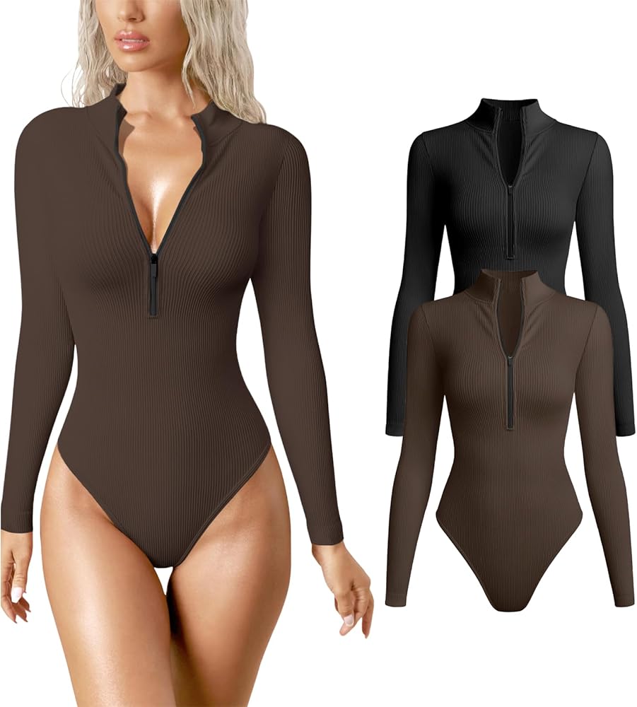 GTETKDE Women's 2 Piece Bodysuits Sexy Ribbed One Piece Zip Front Long Sleeve Deep V Tops Bodysuits