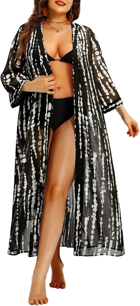 Plus Size Women Chiffon Beach Bikini Cover Up Long Tie Open Front Kimono Cardigan