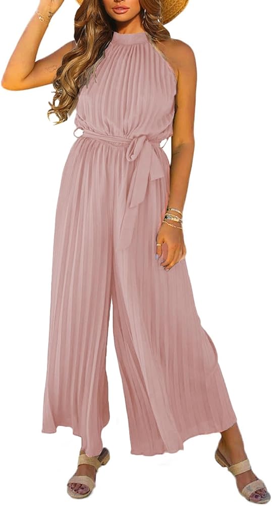 Happy Sailed Women's Jumpsuits Summer Sleeveless Halter Neck Wasit Belt Wide Leg Pants Romper Chiffon Jumpers Casual