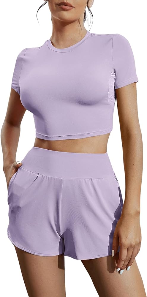 Floerns Women's 2 Piece Workout Outfit Crop Tee Top And Tummy Control Shorts Set