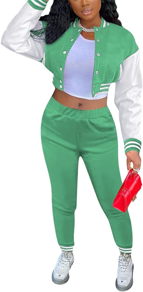 Womens 2 Piece Varsity Outfit Baseball Letterman Jacket with Long Sleeve Banded Collar Sweatsuits Set M