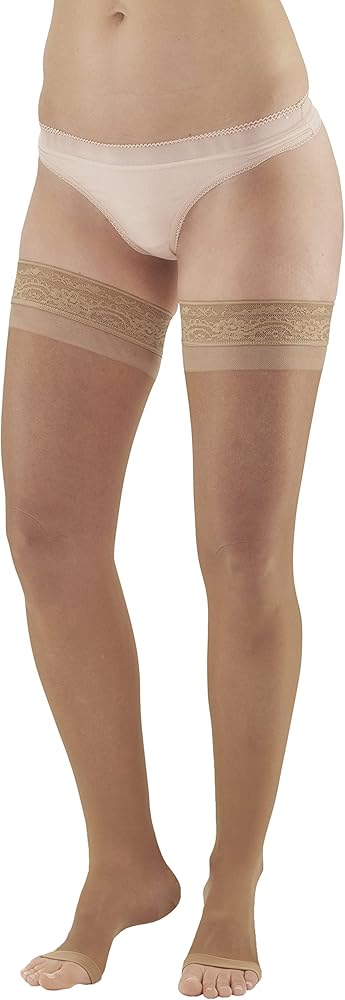 Ames Walker AW Style 45 Sheer Support 15-20 mmHg Moderate Compression Open Toe Thigh High Stockings w/Top Band