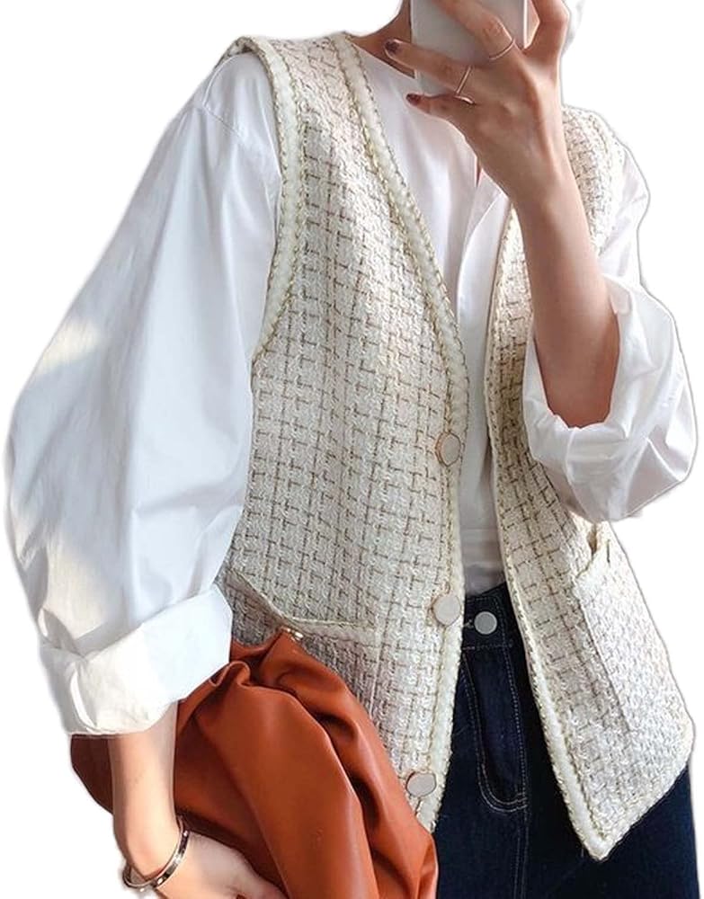 Women's Vintage Tweed Vest Jacket Fully Lined Open Front Formal Business Blazer Suits Trendy Sleeveless Waistcoat