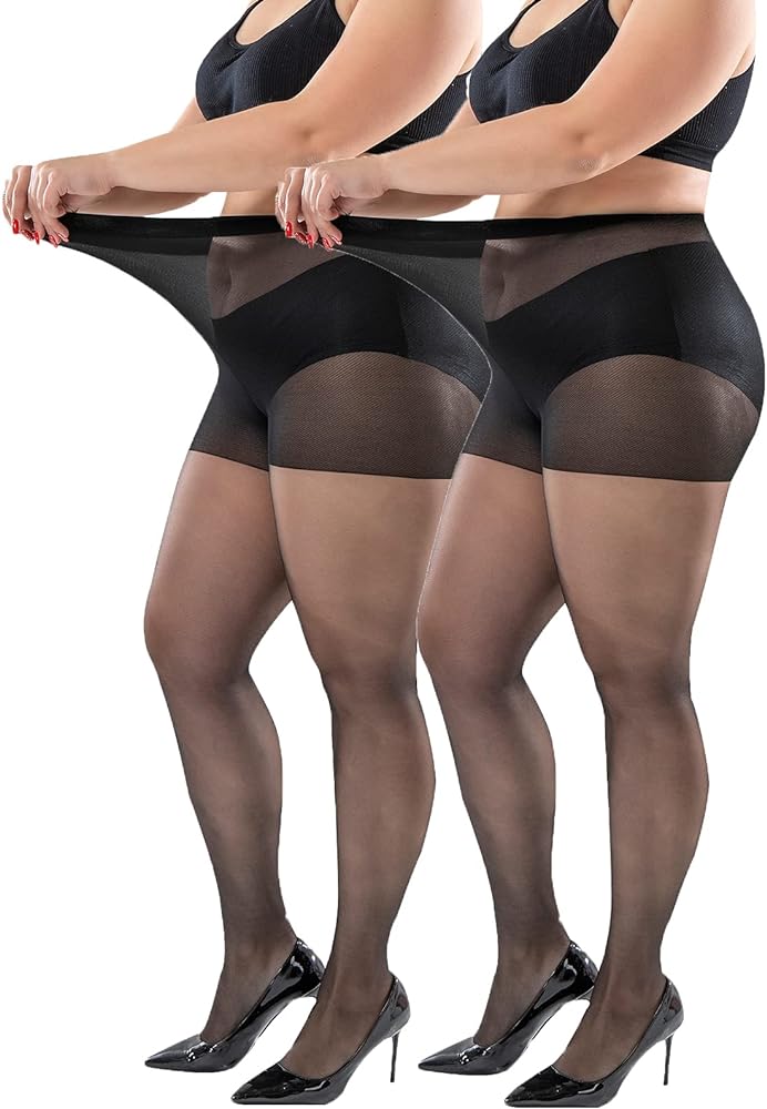 Sheer Pantyhose Plus Size - 2 Pack 20D Ultra Durable Queen Size Tights, Straight Crotch Stocking for Women Girls