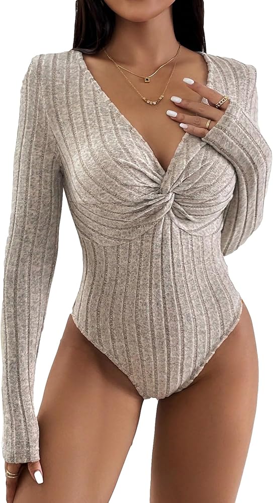 WDIRARA Women's Ribbed Knit Twist Front Bodysuit Long Sleeve V Neck Solid Tops Bodysuits