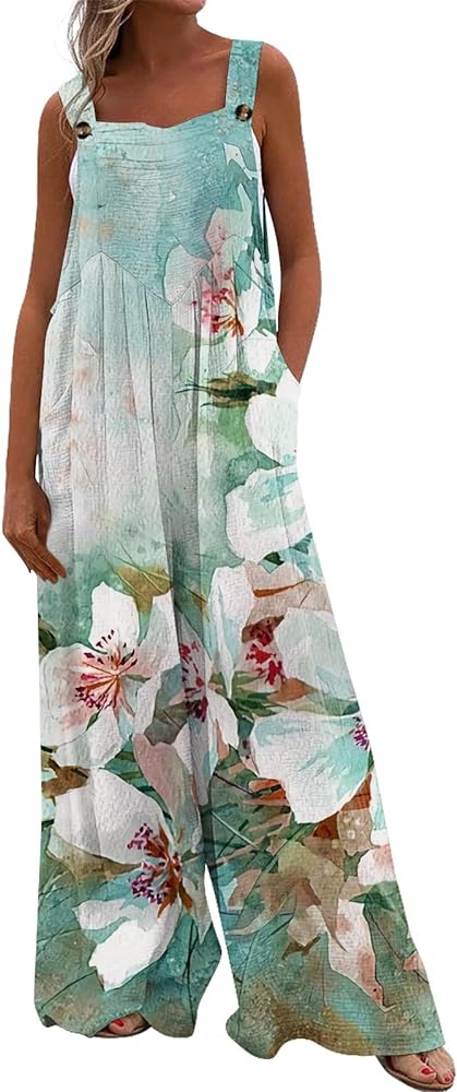 Women's Floral Printed Square Neck Sleeveless Wide Leg Long Pants Romper Jumpsuit with Pockets