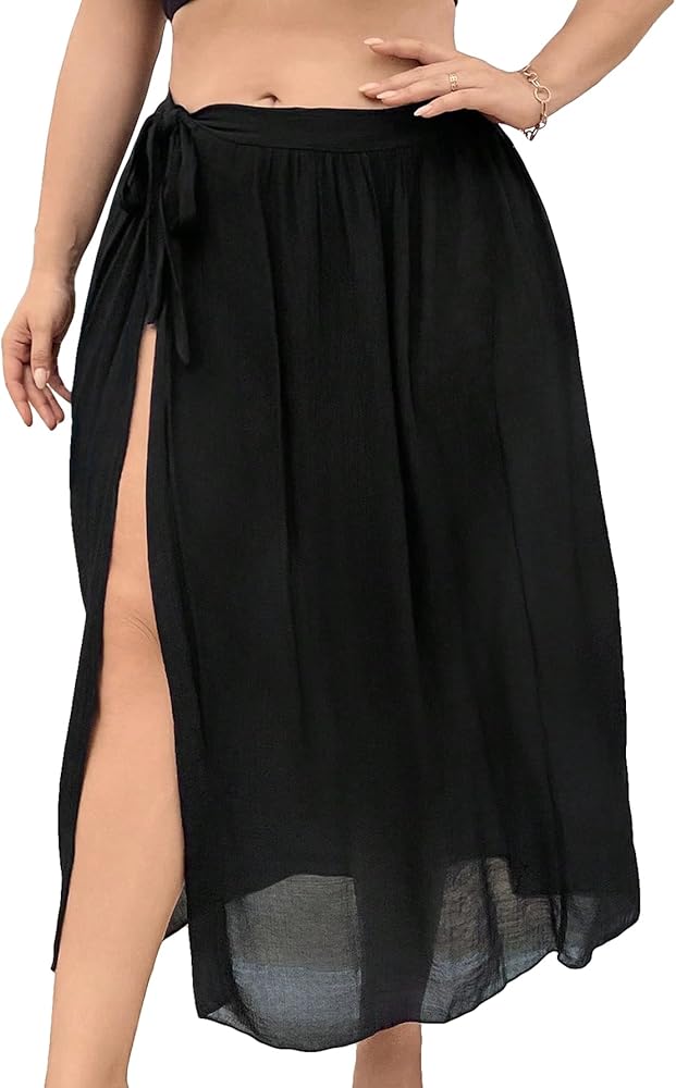 OYOANGLE Women's Plus Size Mesh Sheer Beach Skirts Knot Side Split Thigh Swim Skirt Cover Up