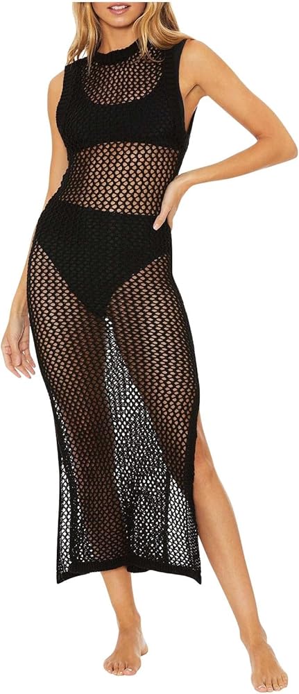 Women's Sexy Sleeveless Mesh See Through Crochet Slit Maxi Long Dress Knitted Beach Vacation Bikini Swimsuit Cover Ups