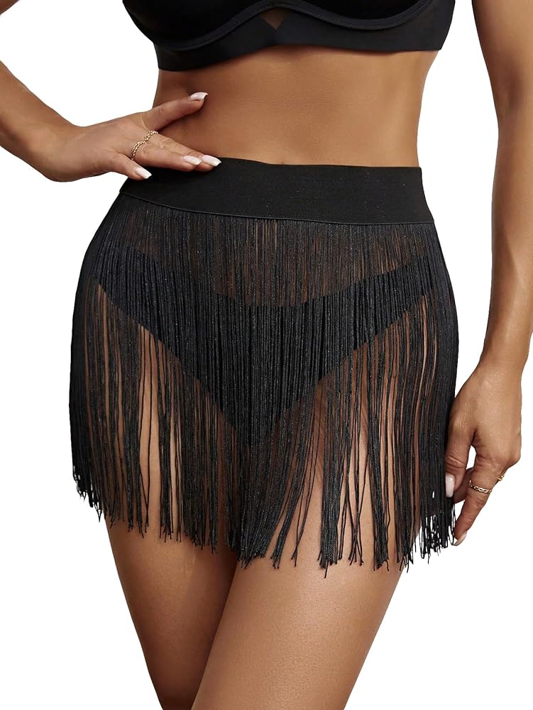 MakeMeChic Women's Bikini Bottom Swimsuit Cover Up Tassel Fringe Hem Beach Cover Up Skirt