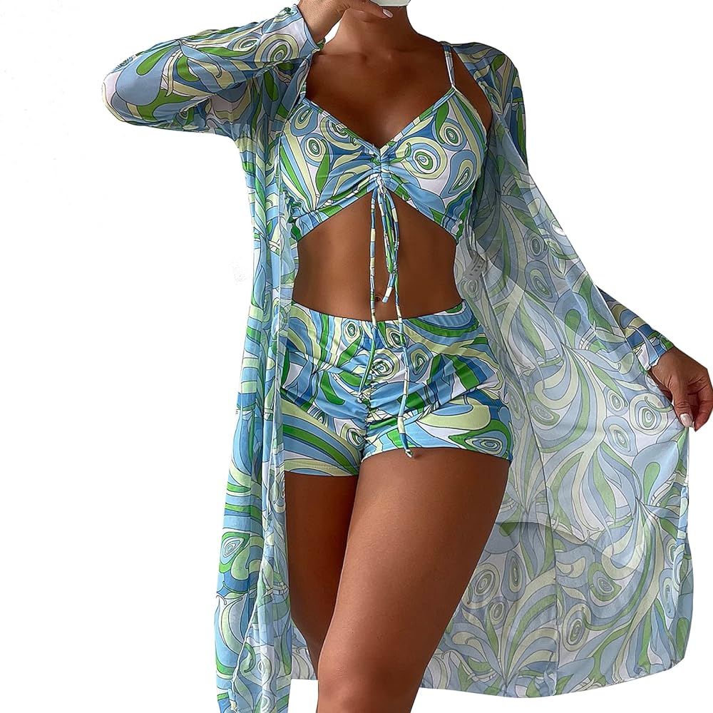 3 Piece Women's Swimsuit, Sexy Floral Printed Push Up Bikini Set with Kimono Cover Ups, High Waist Beach Wear (as1, alpha, l, regular, regular, Green)