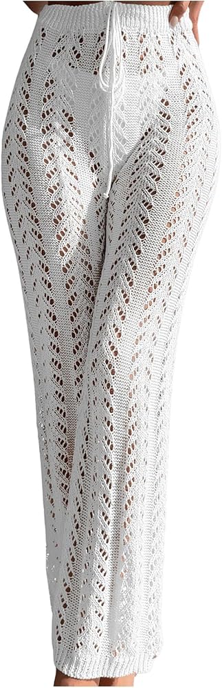 SHENHE Women's Crochet cover ups Hollow Out Drawstring Swimsuit Sheer Boho Long Pants White Crochet A Large